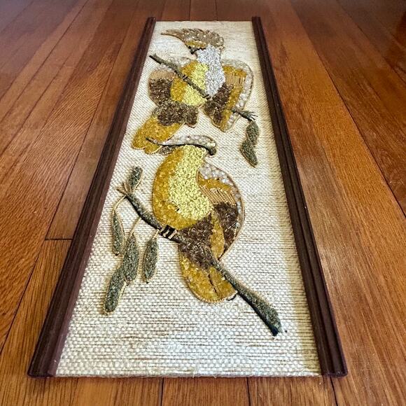 Vintage Burlap Wall Art with Birds – Mid Century Textured Wall Hanging - Picture 3 of 15